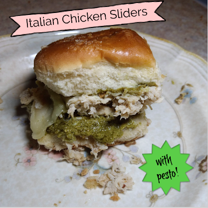 shredded chicken italian sliders with pesto on a plate pinterest image